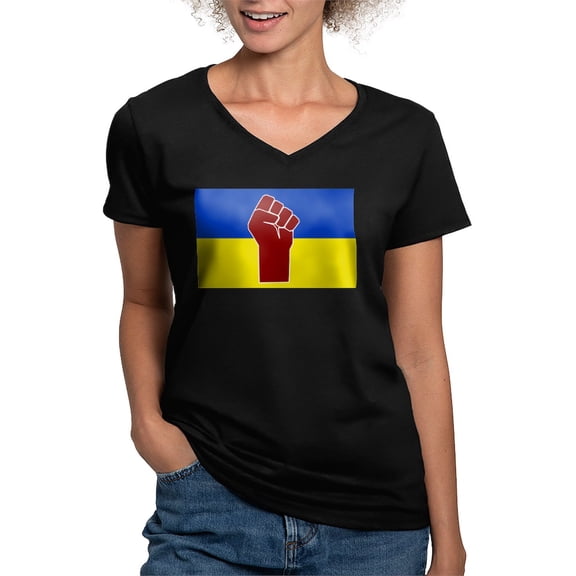 CafePress - Ukrainian Flag With Fist T Shirt - Women's V-Neck Dark T-Shirt