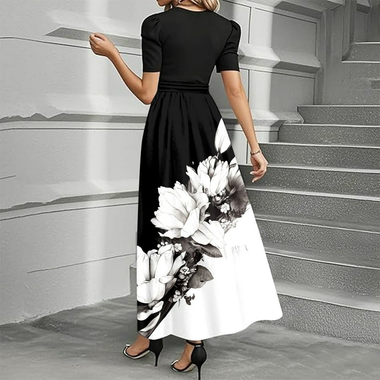 Women's Summer Floral Print Short Sleeve Dress Elegant Round Neck Back  Zipper Casual Dress With Adjustable Belt For Comfort And Style Long Dress  ...