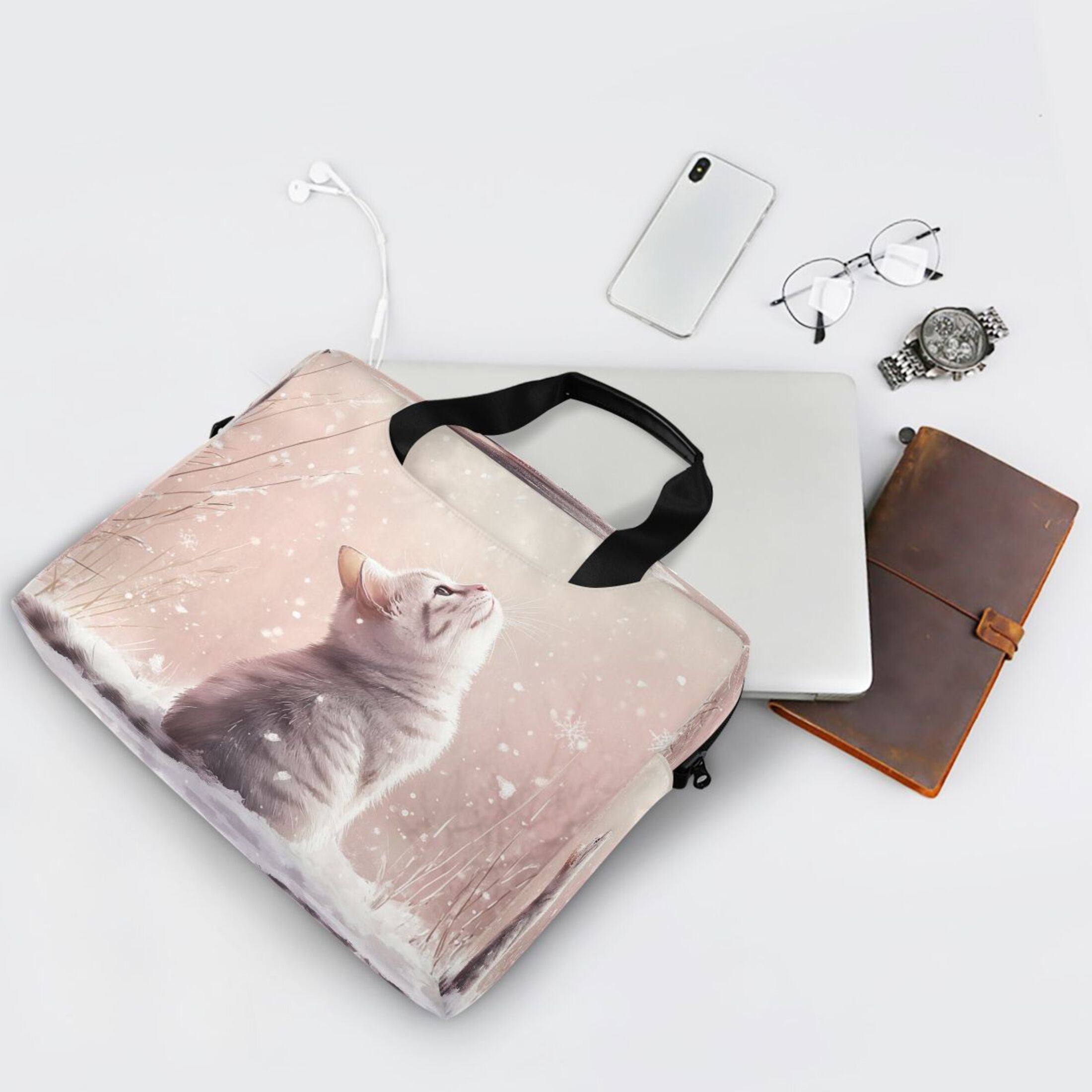 16" Laptop Tote Bag Laptop Sleeve Case Computer Briefcase for Work & Travel A Cat in The Snow