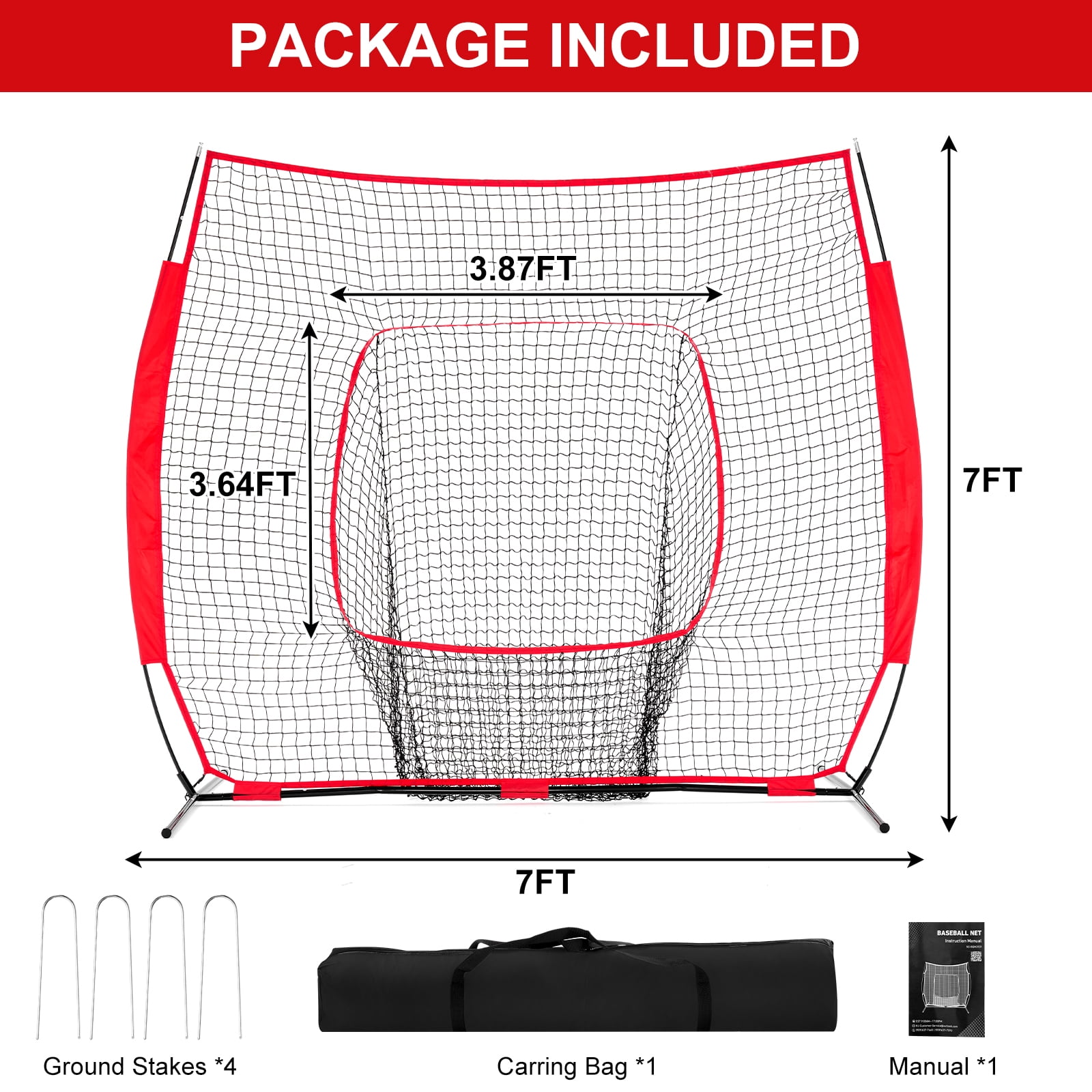 JIOABL 7 ft x 7 ft Baseball & Softball Practice Net with Bow Frame, Carry Bag & Strike Zone Target, for Hitting Pitching, Red