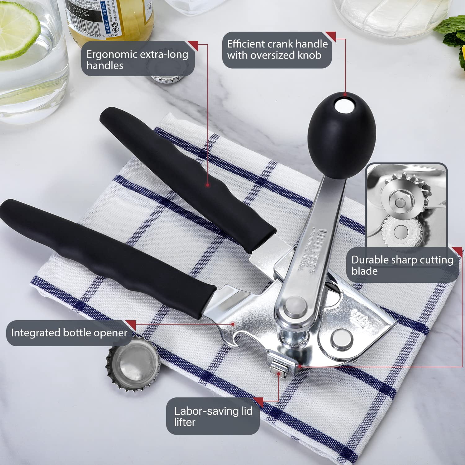 Commercial Can Opener,  Hand Crank Can Opener Manual Heavy Duty with Comfortable Extra-long Handles, Oversized Knob, Large Handheld Can Open Easy for Big Cans, Black