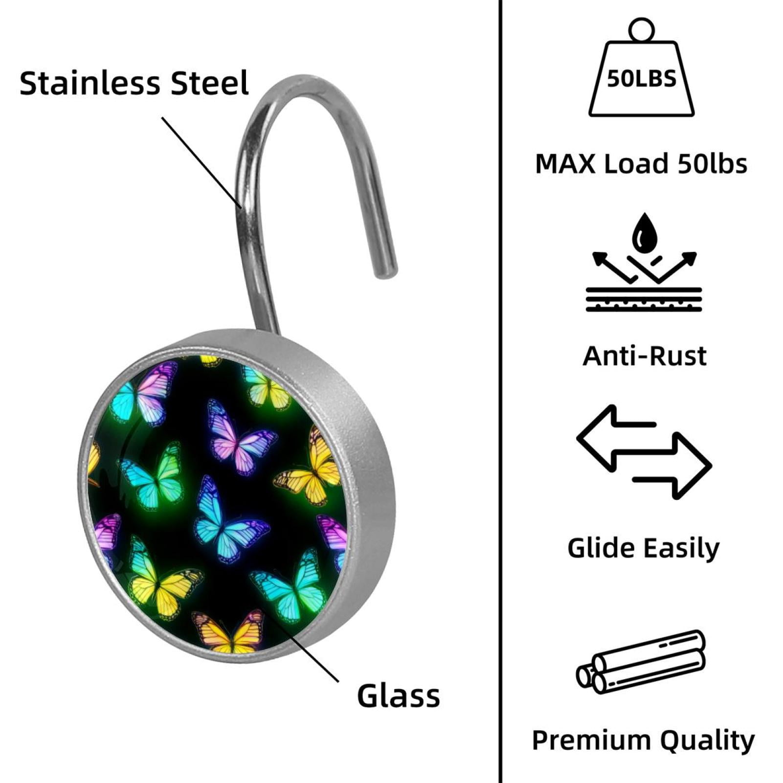12pcs Decorative Shower Curtain Hooks, Rust Resistant Shower Rings for Bathroom Living Room,Rustproof Stainless Steel Rings for Shower Curtain and Liner Rods,Neon Colorful Butterflies