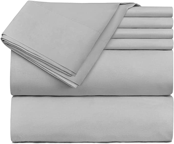 Extra Deep Pocket 6 Piece Bed Sheet Set – Super Deep Fitted Sheet Fits Mattress from 18-24 inces Depth – Double Brushed Microfiber Sheets with 4 Pillow Cases, Split King, Silver