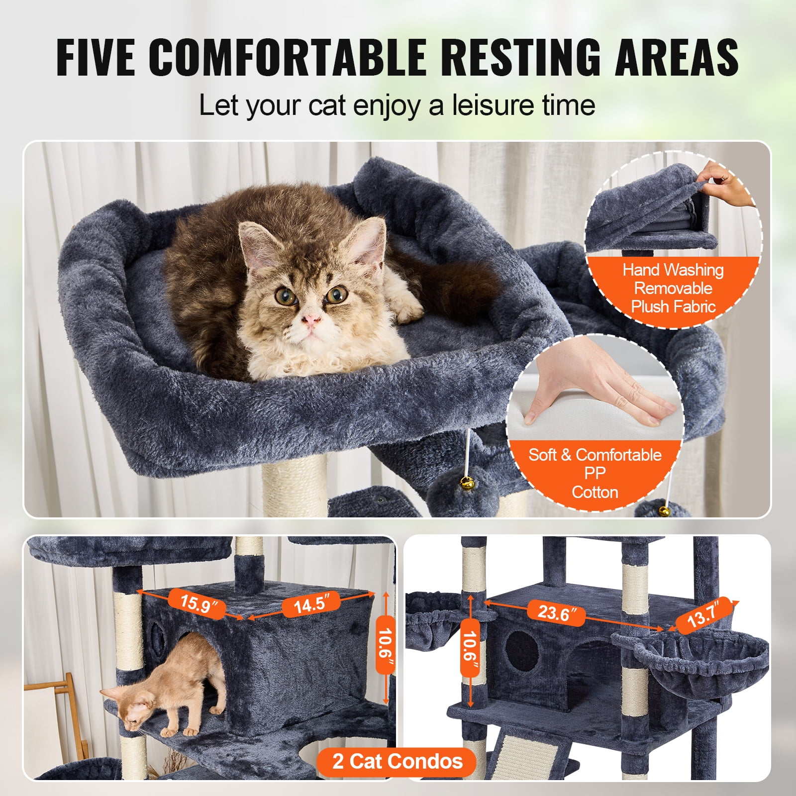 KFFKFF Cat Tree Tower 68.5" Indoor Cat Climbing Frame, Multi-Level Playhouse, Indoor Cat Playground with Dual Condos, Sisal Posts, Hammocks, Activity Platforms, Ramp, Play Balls (Dark Grey)