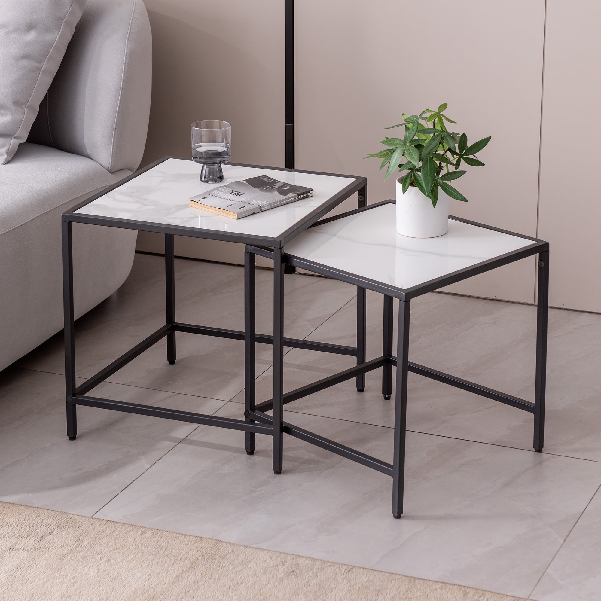 Electronn Nesting End/Side Table，Night Stand 2Piece Set,Square