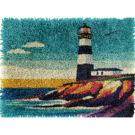Seaside Lighthouse Colorful Latch Hook Rug kits Printed Crochet Yarn DIY Hooking Latch Kit Carpet Rug Cover Mat for Christmas Chair Cushion Floor Decor 52x38cm(3)