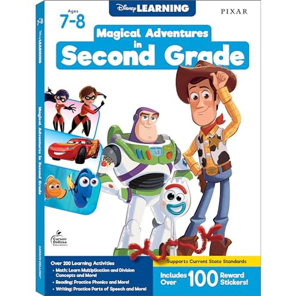 Pre-Owned Disney Learning Magical Adventures in 2nd Grade Workbooks All Subjects, Math, Phonics, Parts of Speech, Writing Practice, Toy Story 4, Cars, the Incredibles, and Finding Dory Second Grade Workbooks