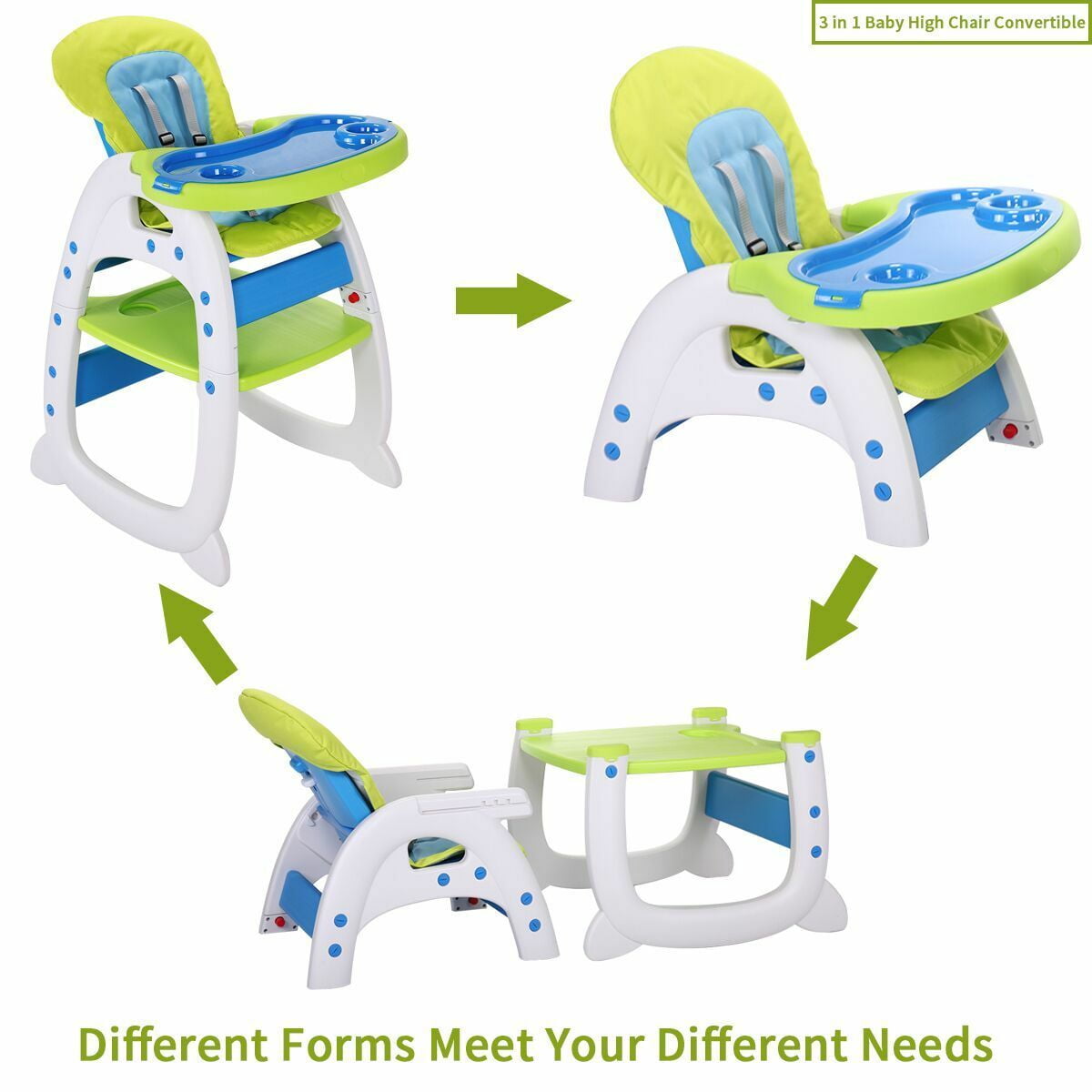 Kepooman 3 in 1 Baby High Chair, Adjustable Convertible Play Seat Booster Toddler with Feeding Tray - Green Kepooman 3 in 1 Baby High Chair, Adjustable Convertible Play Seat Booster Toddler with Feeding Tray - Green