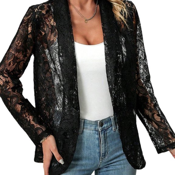 Lightweight Lace Blazers Jacket for Women Solid Color Cardigan Formal Casual Wear
