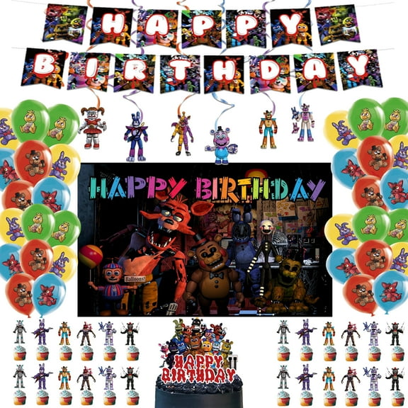 Five Nights Party Supplies Freddy's Birthday Party Decorations  include Happy Birthday Banner ,Balloons,Cake Cupcake Toppers, Freddy's Background