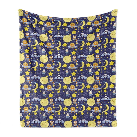 Childish Soft Flannel Fleece Throw Blanket, Sleeping Animals Stars Night Sky with Moon Clouds Panda Bear Fox Zebra Lion, Cozy Plush for Indoor and Outdoor Use, 50" x 70", Multicolor, by Ambesonne