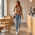 thumbnail image 7 of Women's Crew Neck Ribbed Knit Sweater, Long Sleeve Slim Fit Peplum Ruffle Hem Pullover Tops for Fall Daily Casual Outfits L, 7 of 7
