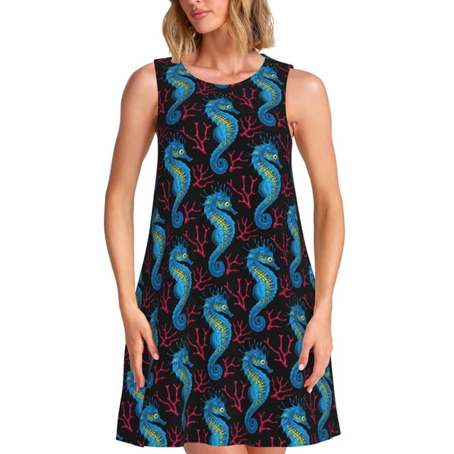 Fotbe Blue Seahorse Vestido de Verano sin Mangas para Mujer – Vestido Midi Línea A, Estilo Camiseta Floral, Vestido Playero Casual y Fluido