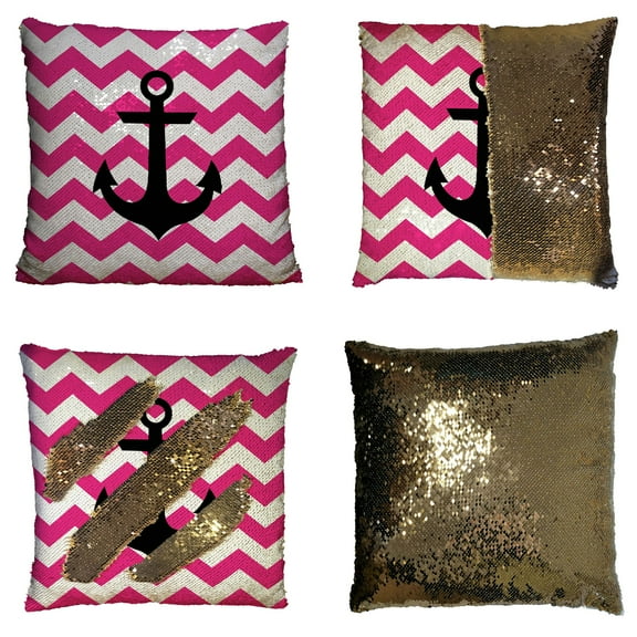 ZKGK Anchor On Zig Zag Chevron Reversible Mermaid Sequin Pillow Case 16x16 inches