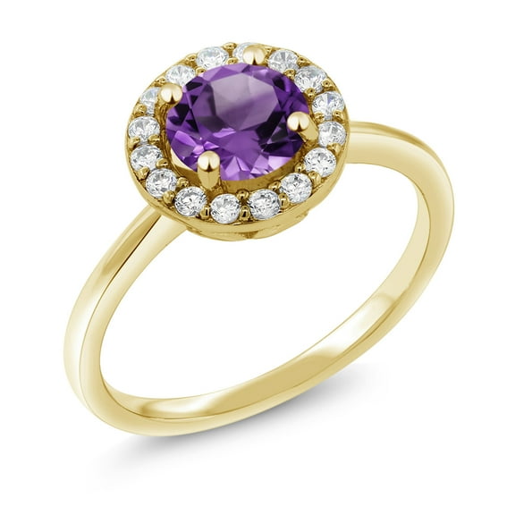 Gem Stone King 18K Yellow Gold Plated Silver Engagement Ring Amethyst and Moissanite (1.44 Cttw) (Size 9)