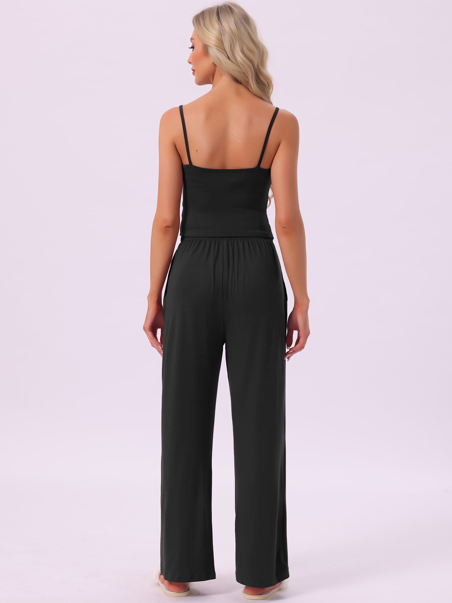 DARING DIVA Women's Pajama Set Cami Jersey Knit Adjustable Spaghetti Strap Pants M Black