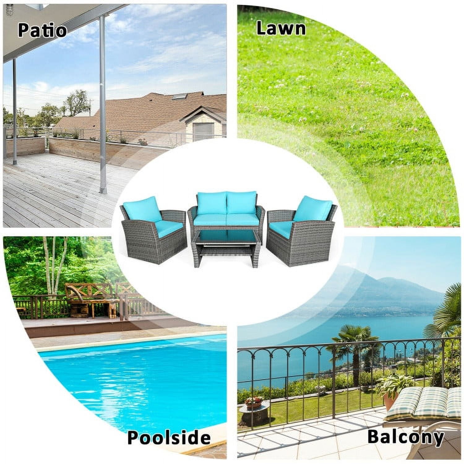 Aimee Lii 4 Pieces Wicker Patio Furniture Set Sofa Table with Storage Shelf Cushion, Modern Patio Furniture, Turquoise Aimee Lii 4 Pieces Wicker Patio Furniture Set Sofa Table with Storage Shelf Cushion, Modern Patio Furniture, Turquoise