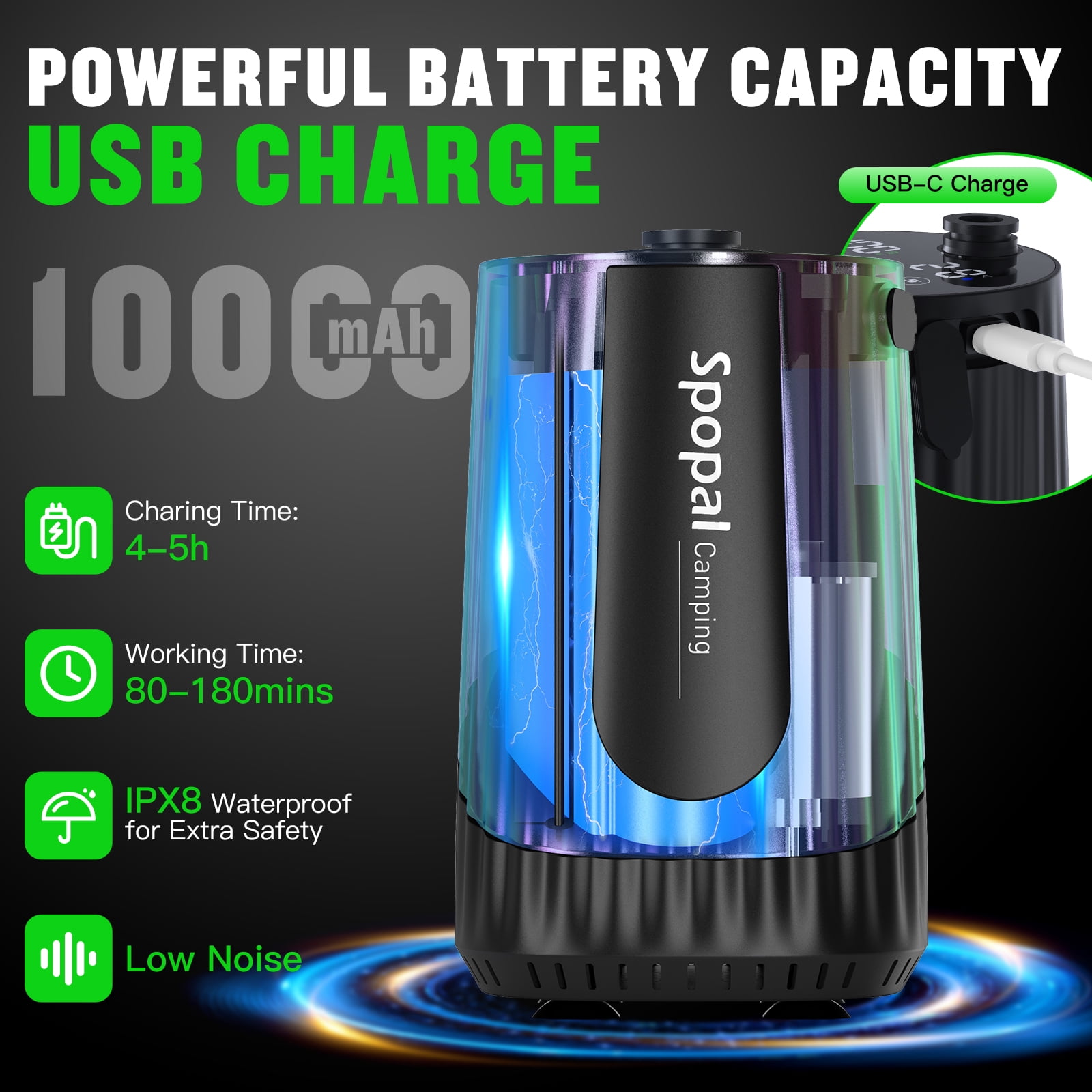 Spopal Portable Camping Shower, [Upgraded] 10000mAh Rechargeable, 5-Speed, LED Display, 3 GPM Powerful Spray, IPX8 Waterproof for Hiking Travel