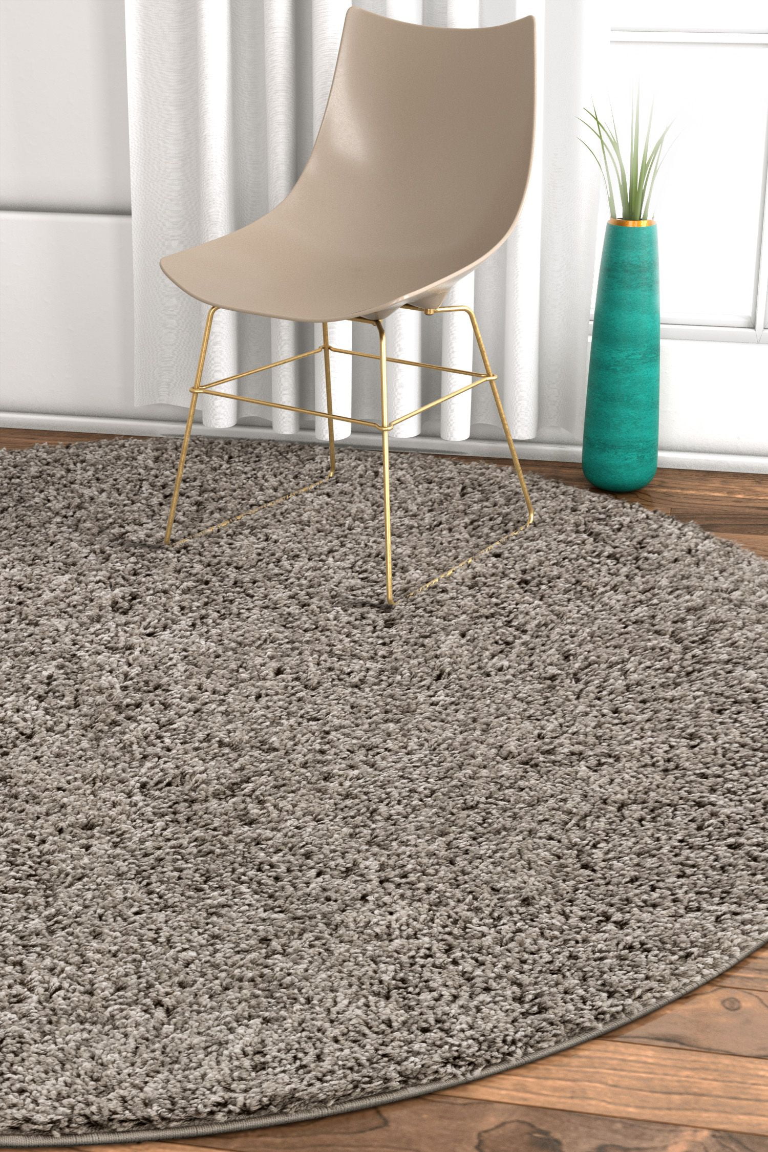 Well Woven Madison Shag Plain Modern Solid Grey 7'10" Round Thick Area Rug