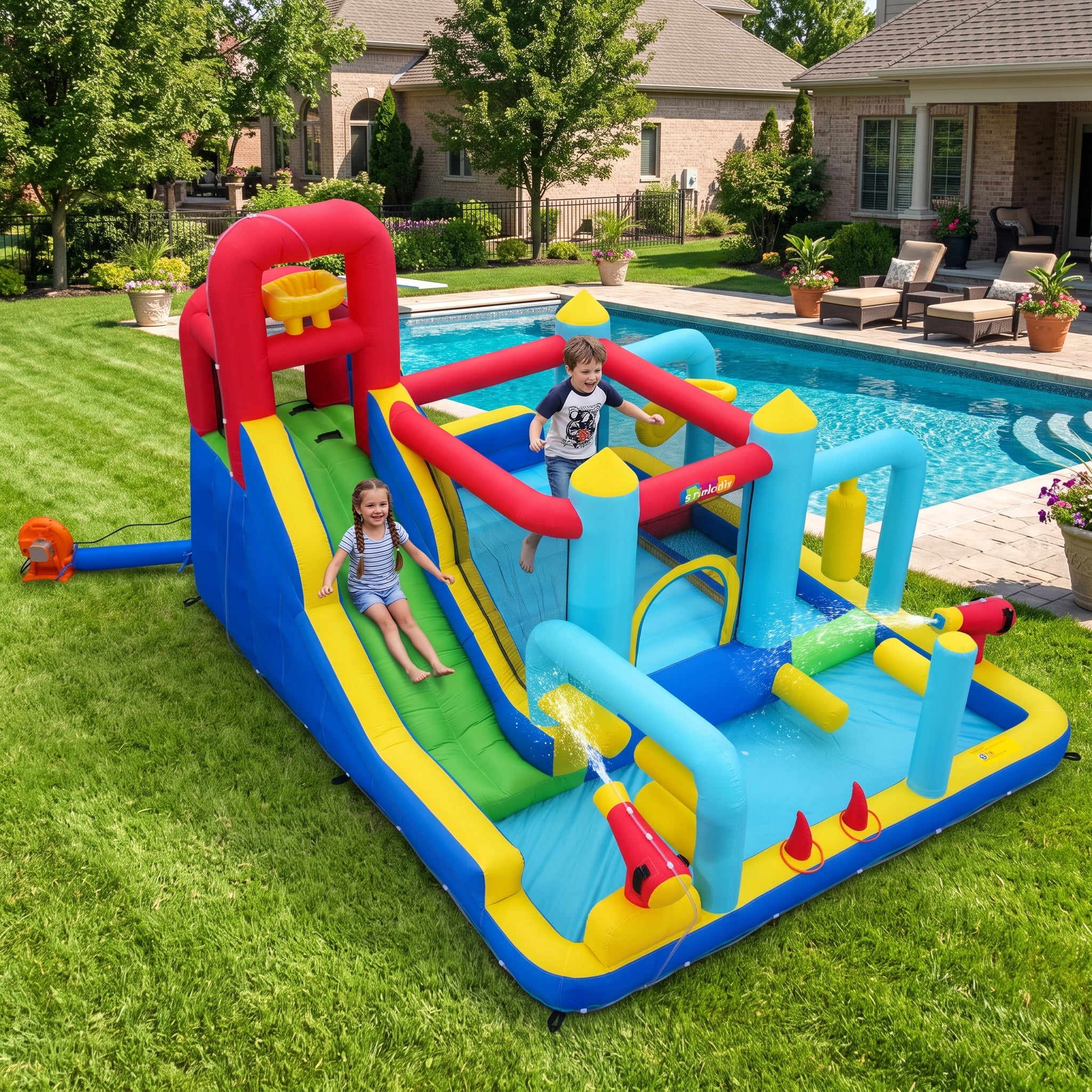 Sailvan Inflatable Water Slide Bounce House with 550W Blower, Obstacle Bouncy House for kids 3~10, Indoor Outdoor Water Park with Long Water Slide, Junping Area, Water Cannon, Basketball Hoop
