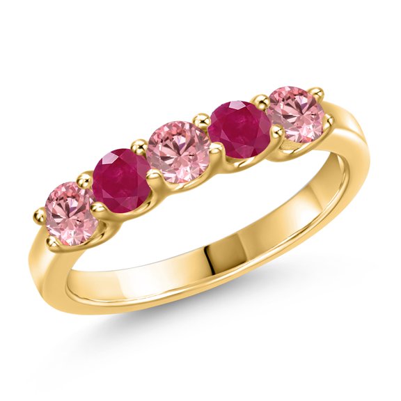 Gem Stone King 18K Yellow Gold Plated Silver Pink Lab Grown Diamond and Red Ruby Wedding-Bands Ring for Women | 1.04 Cttw | Round 3.5MM | Gemstone April Birthstone | Size 6