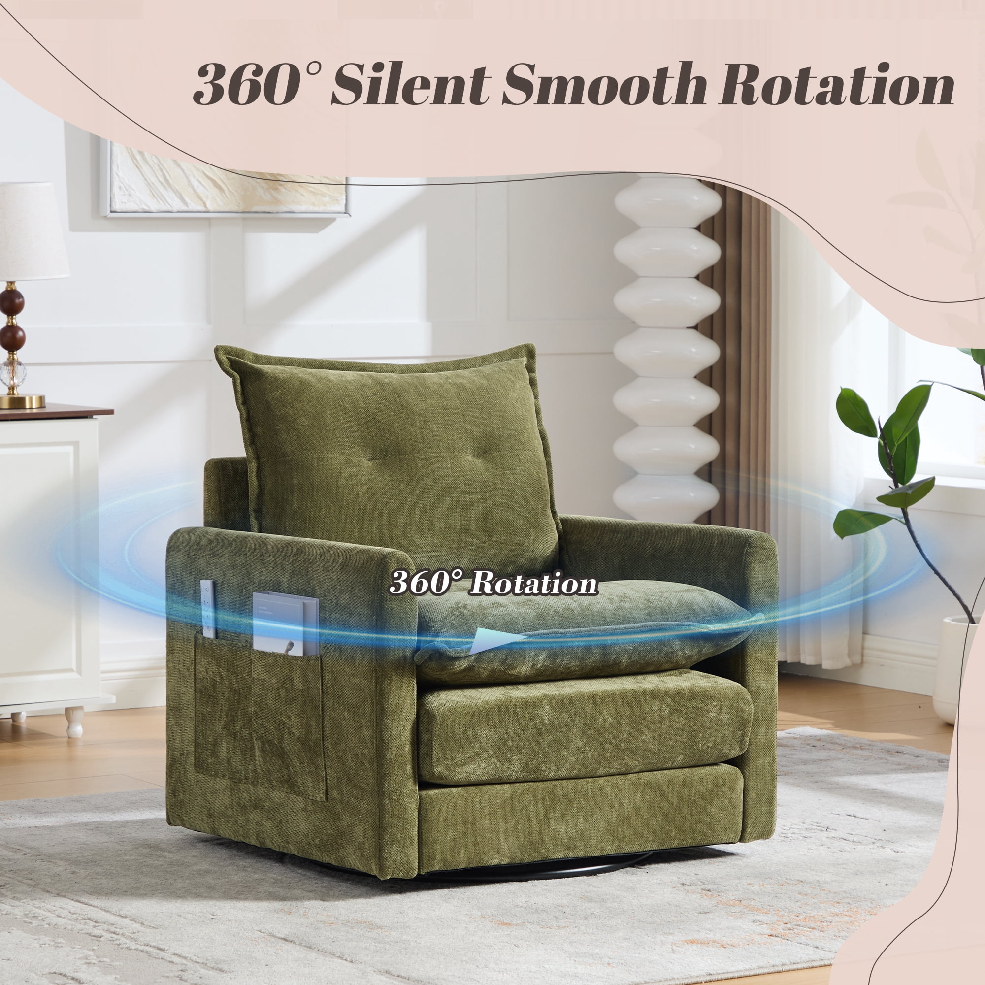 Leumius Swivel Accent Chair,Mid Century Modern Chenille Armchair with Thick Padded and Metal Base,Swivel Single Sofa Chair Barrel Reading Chair for Living Room Bedroom,Olive
