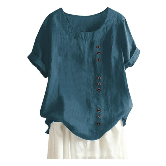 Women's Solid Color Round Neck Raglan Sleeve Hem Slit Loose Short Sleeve Button Decoration Casual Tops T Shirt Spandex T Shirts Womens Turtleneck Shirts Long Sleeve Womens Short Sleeve Athletic