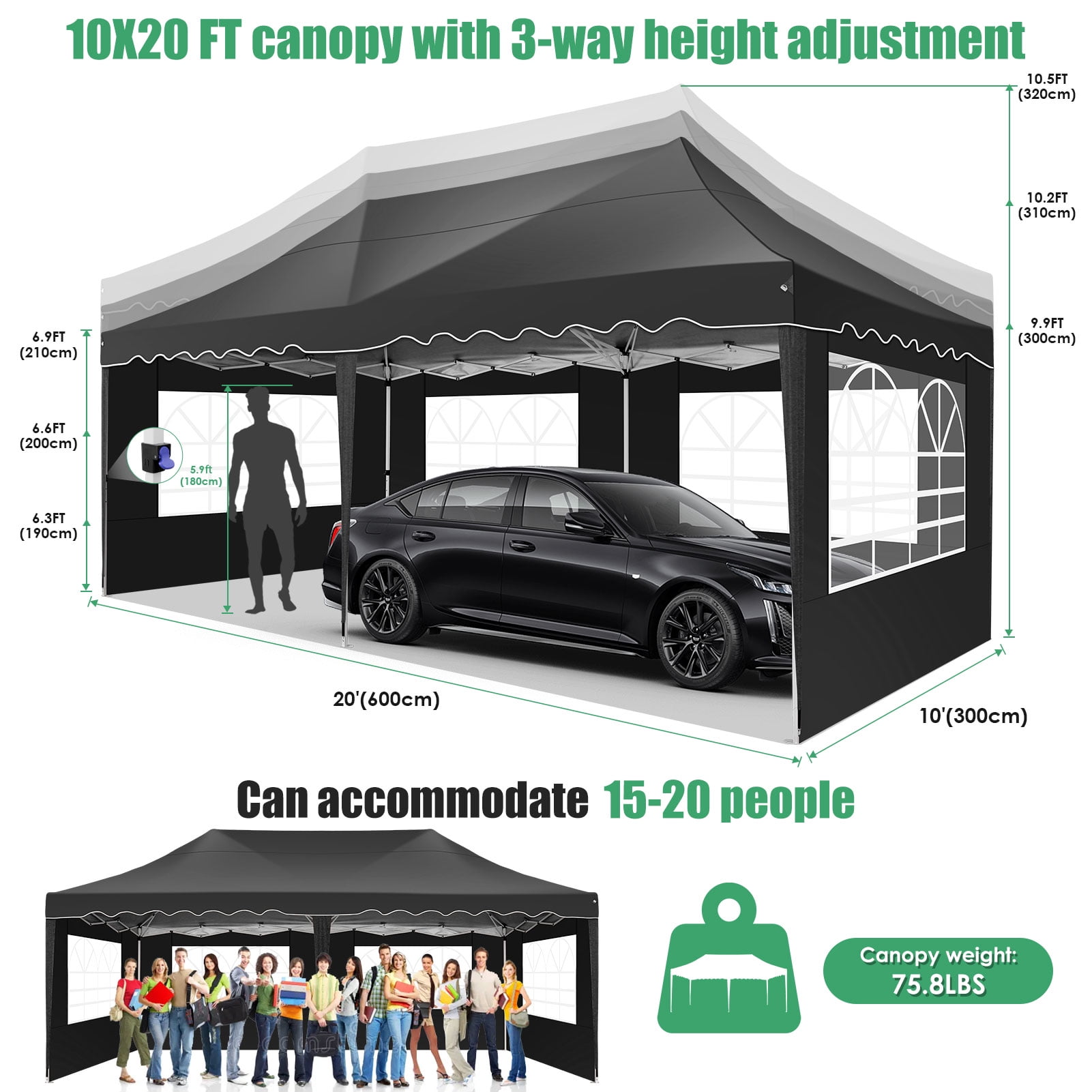 SANOPY 10' x 20' Pop up Canopy Party Tent with 6 Removable Sidewalls, Wave Eave Outdoor Waterproof Patio Gazebo Tent with Carry Bag, Backyards Camping Picnics, Black