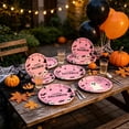 thumbnail image 4 of Halloween Paper Plates 7in Pink Disposable Party Plates, Cartoon Ghost Bat Spider Web Skull Pumpkin Pattern Heavy Duty Paper Dinner Plates,16 Count Tableware for Halloween Indoor Outdoor Party Decor, 4 of 6