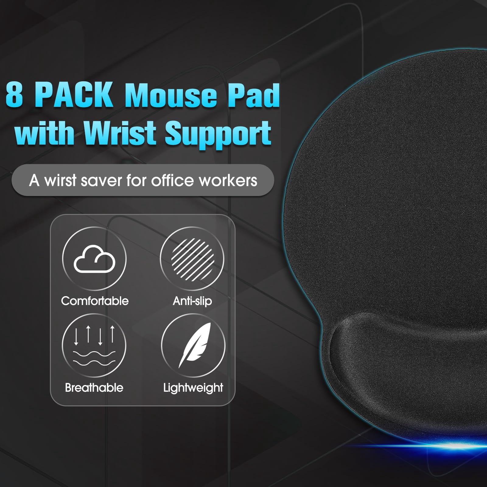 8 Pack Mouse Pad With Wrist Rest Support Gel Memory Foam Mousepad Comfortable Computer For Relief(black)