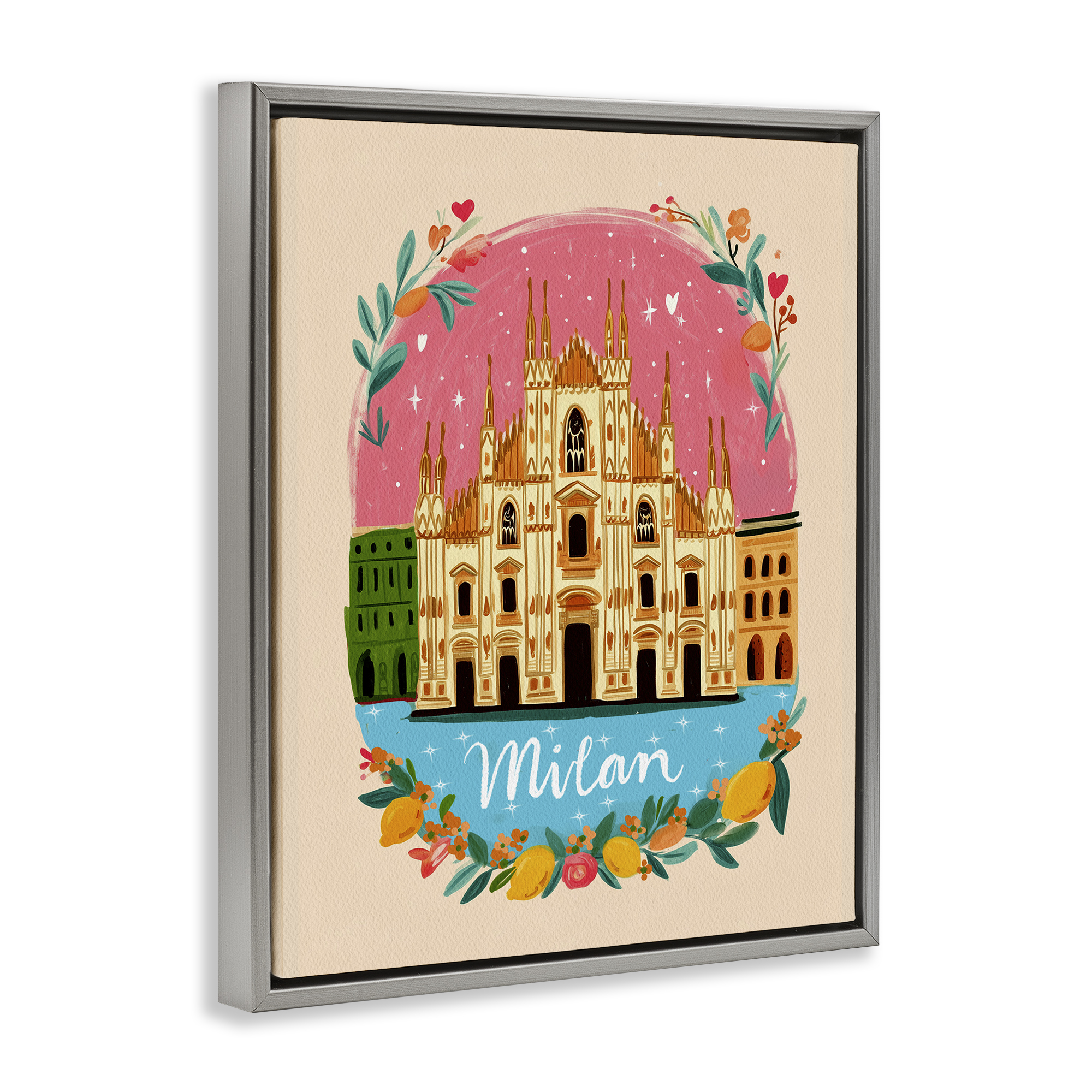 Floral Bordered Milan Gray Framed Floater Canvas Wall Art, design by Yen
