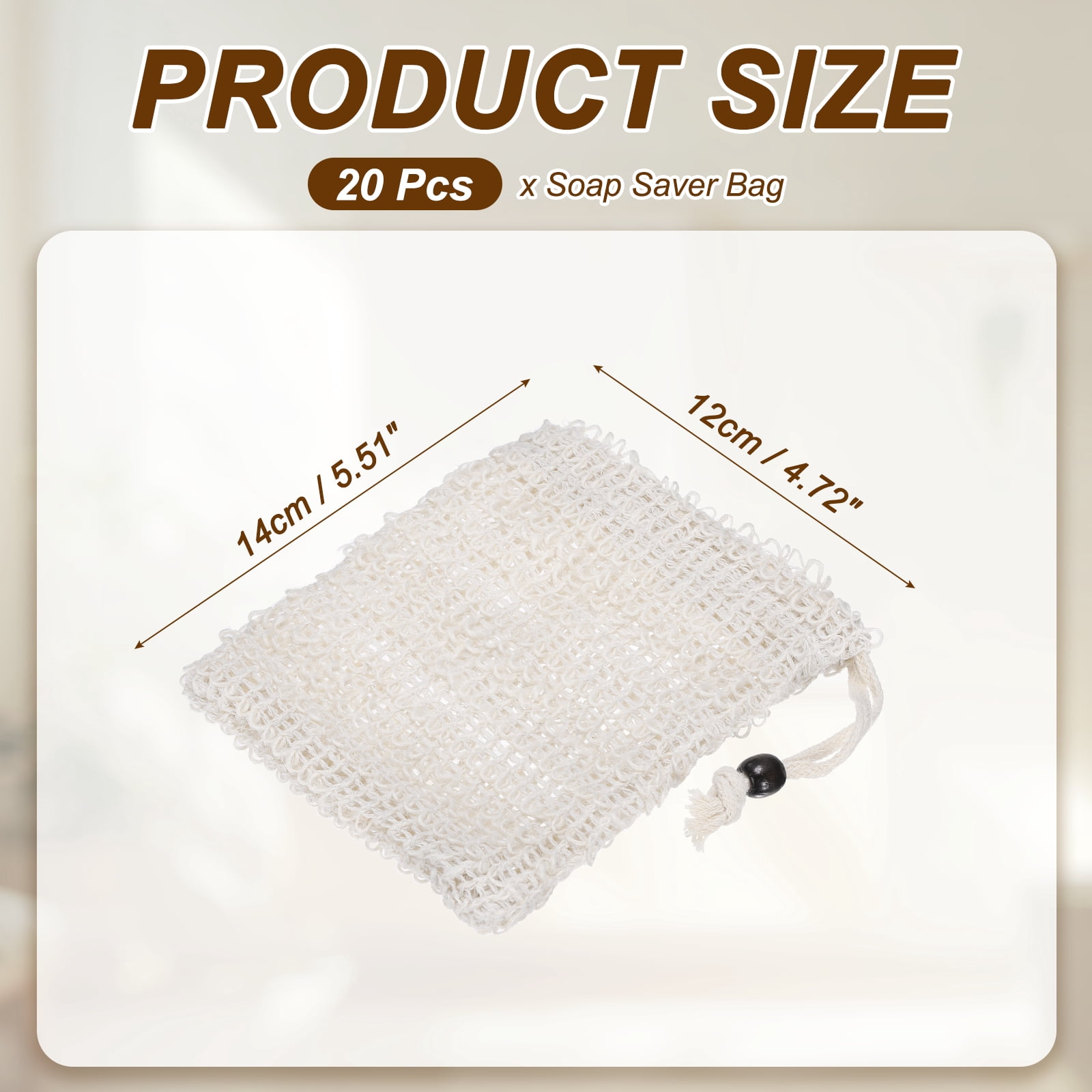 Uxcell 20 Pcs Soap Saver Bag, 5.5"x4.7" Mesh Soap Bag with Drawstring Brown Wooden Bead Cotton Scrubber Pouch Exfoliating Net for Body Shower Foaming Travel Camping, Beige