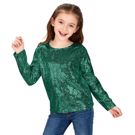 EnJoCho Girls Sequins Shirt Long Sleeve Crew Neck Plain Sparkle Tops Kids Toddler School Casual Soft T Shirt Pullover Clothes 5-14 Years