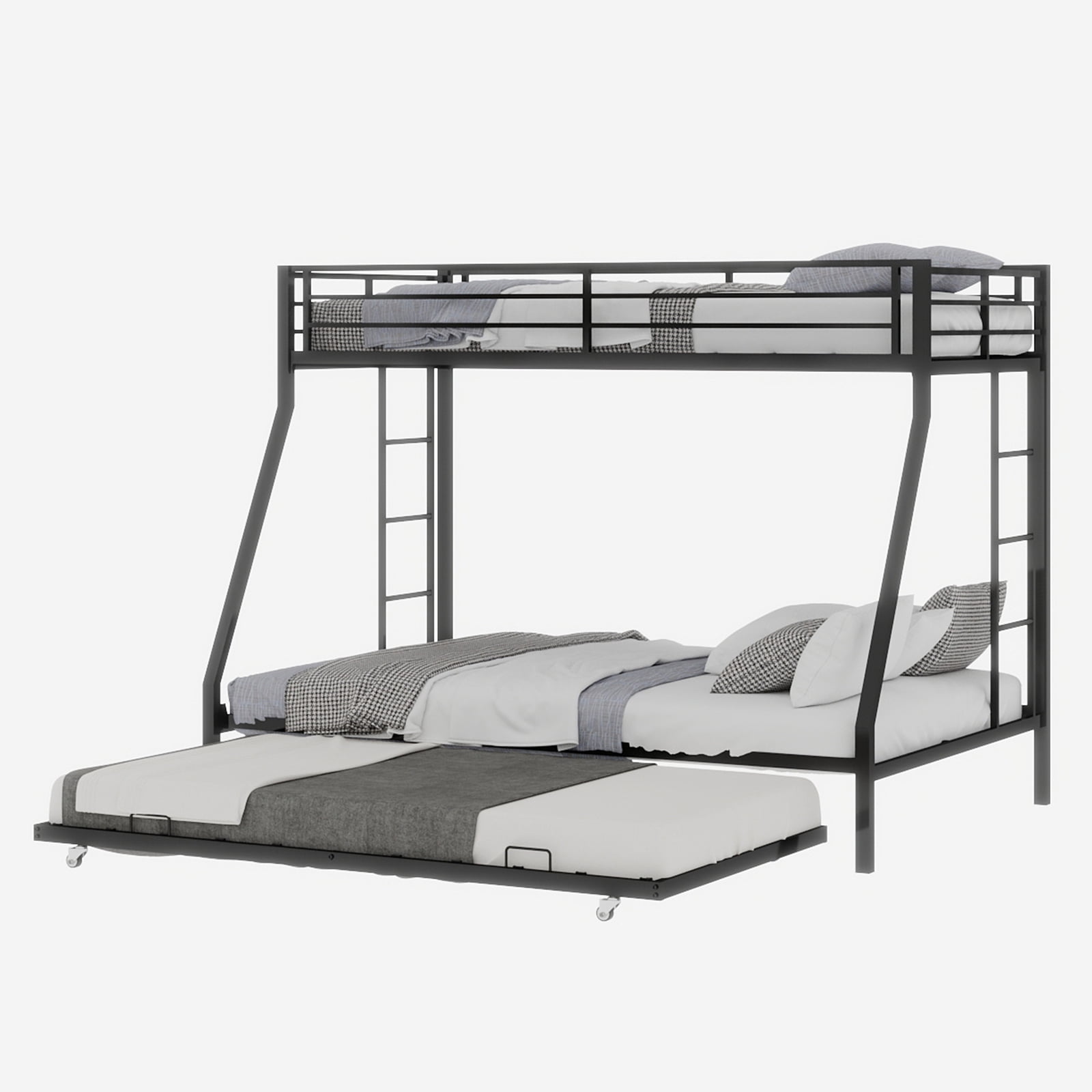 Miniyam Twin over Full Metal Bunk Bed with Trundle, Square Tube Frame, Space Saving Bunk Bed with Ladder, Black