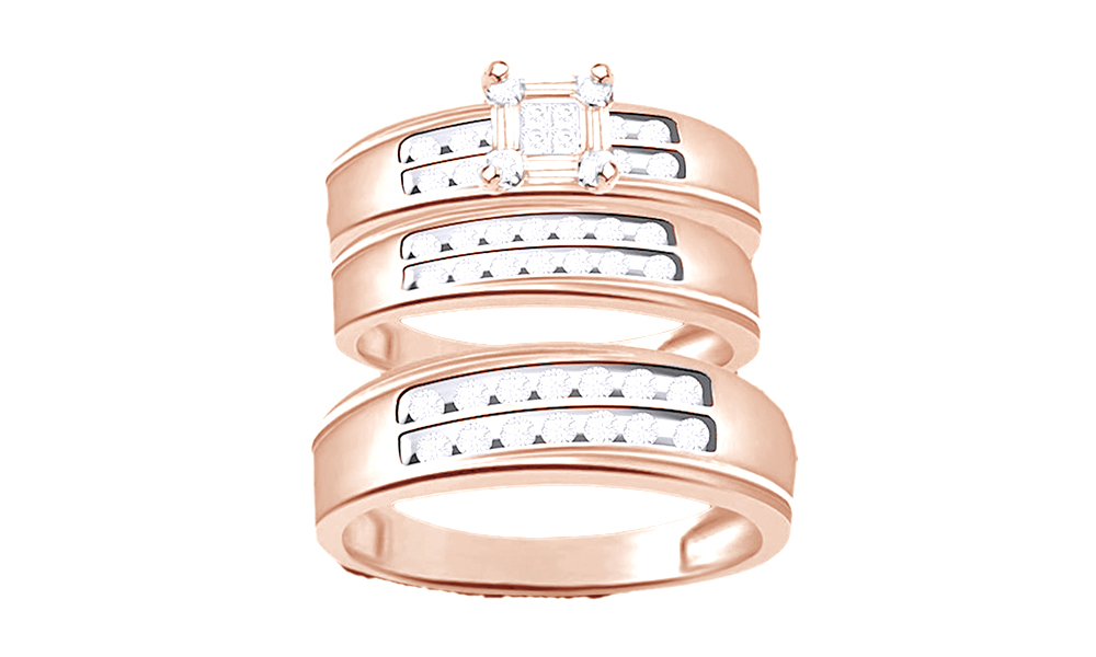 AFFY White Natural Diamond Engagement & Wedding Trio Band Ring Set In 10k Rose Gold (0.5 Cttw)