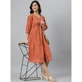 thumbnail image 3 of Janasya Boho V-Neck 3/4 Sleeve Solid Coral Orange Cotton Flared Midi Dress For Women, 3 of 7