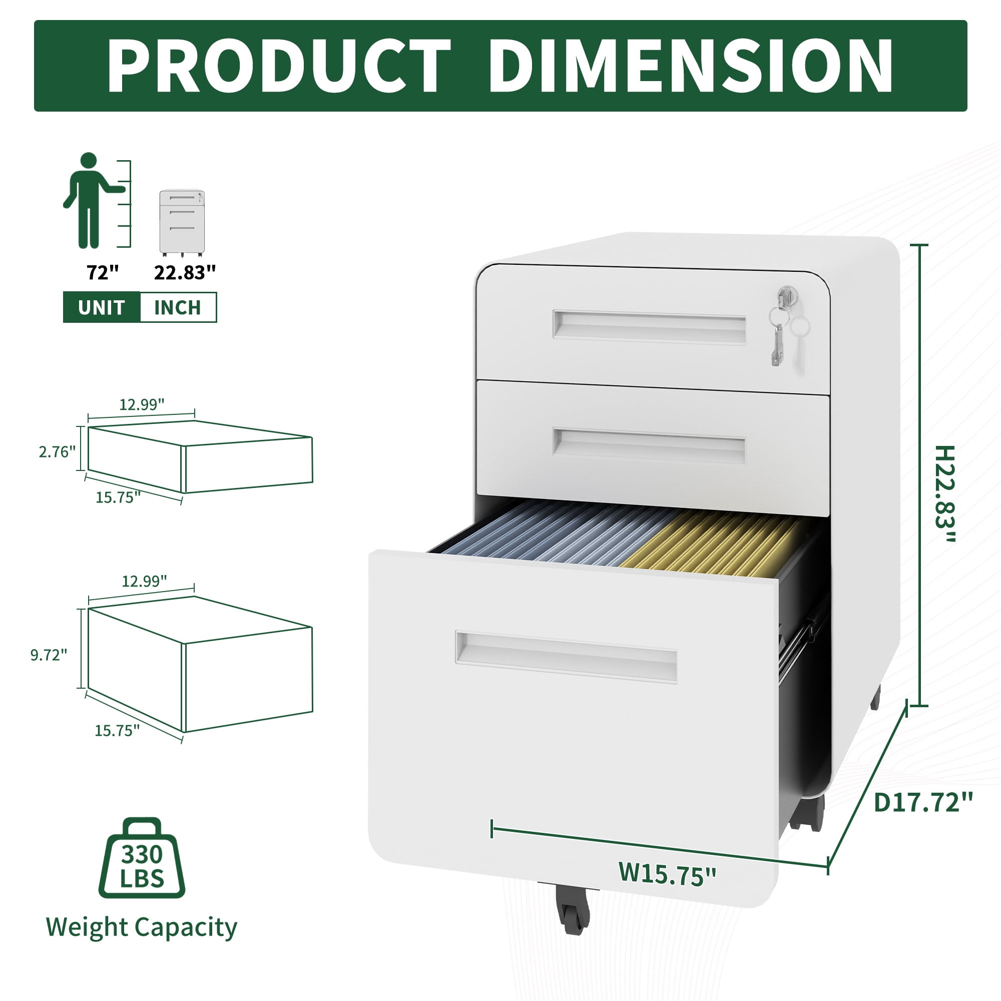 3-Drawer Wide Mobile File Cabinet with Lock, All-Steel Metal Storage Cabinet on Casters, for Home & Office,White, Fully Assembled, Holds A4/Letter Files, 110lbs/Drawer