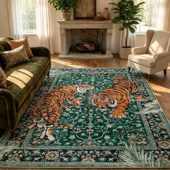 Moynesa 5'x7' Vintage Tiger Area Rug, Washable Tropical Boho Rug for Living Room Bedroom Dining Sunroom, Distressed Botanical Floral Accent Carpet, Soft Low Pile Non Slip Stain Resistant, Green
