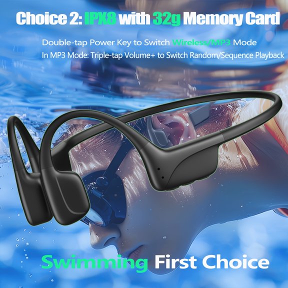 Wireless 6.0, IPX8, Built-In 32G Memory Card, Bone Conduction Headphones, 10H Playtime, 40% Volume Boost, Half-Body Rubberized Coating, Soft Touch Open Ear Wireless Headset