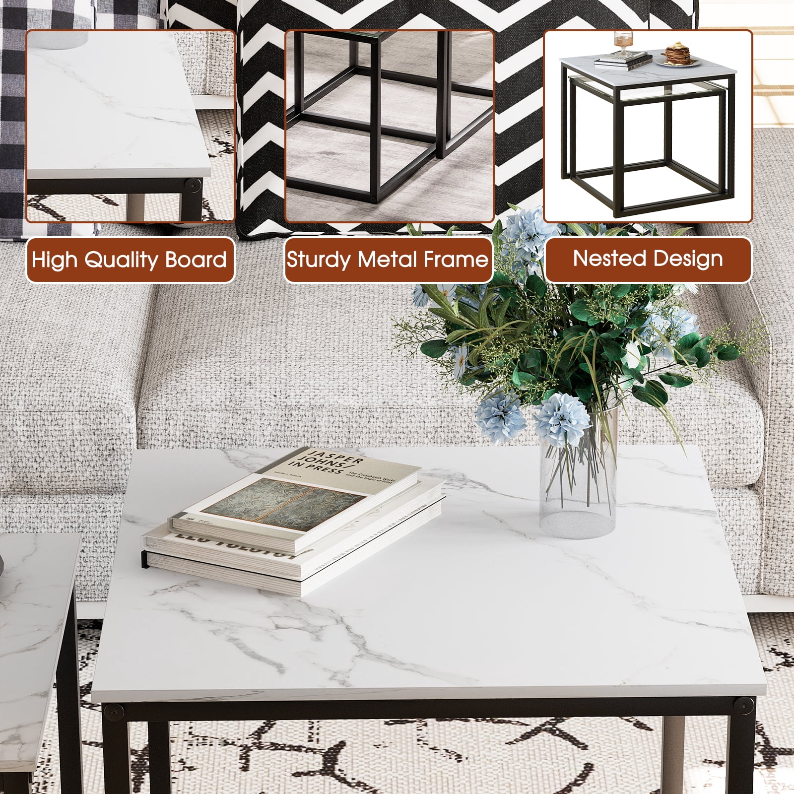 Coffee Table Set of 2, Modern Glass Nesting Table, Metal Frame Square Center Table Set, Side Tables, Nesting Coffee Table for Living Room, Bedroom and Small Spaces, 19.7in Black