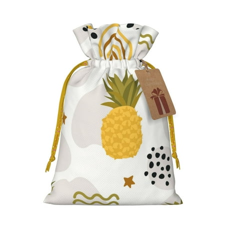 ZICANCN Christmas Gift Bags, Tropical Leaves Pineapple Illustration Reusable Fabric Drawstring Storage Bags with Drawstring, Small Size