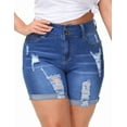thumbnail image 3 of Gocolloa Womens Plus Size Jean Shorts Stretchy High Waisted Distressed Fold Hem Denim Shorts Royal Blue 16W, 3 of 5