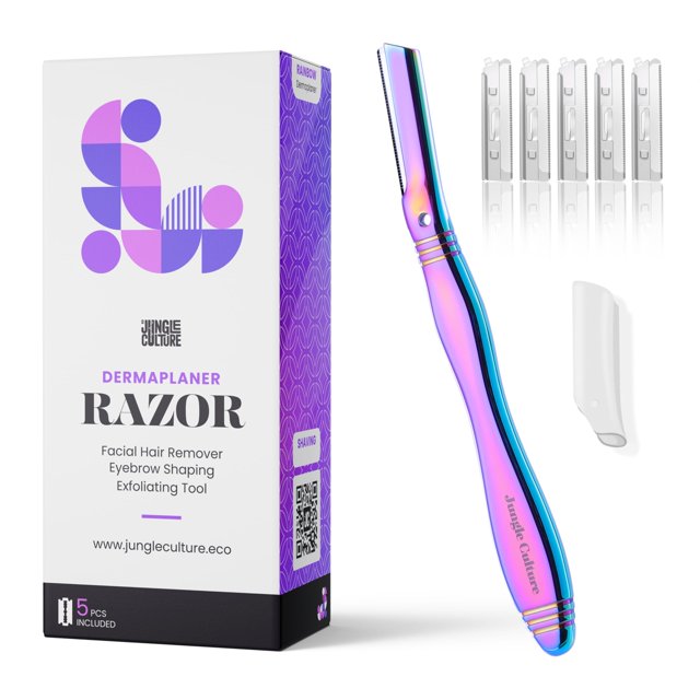 Jungle Culture Dermaplane Razor - Exfoliación y depilación de precisión para dar forma a las cejas para una piel suave y radiante - Maquinilla de afeitar facial Dermaplaning con 5 cuchillas reemplazab
