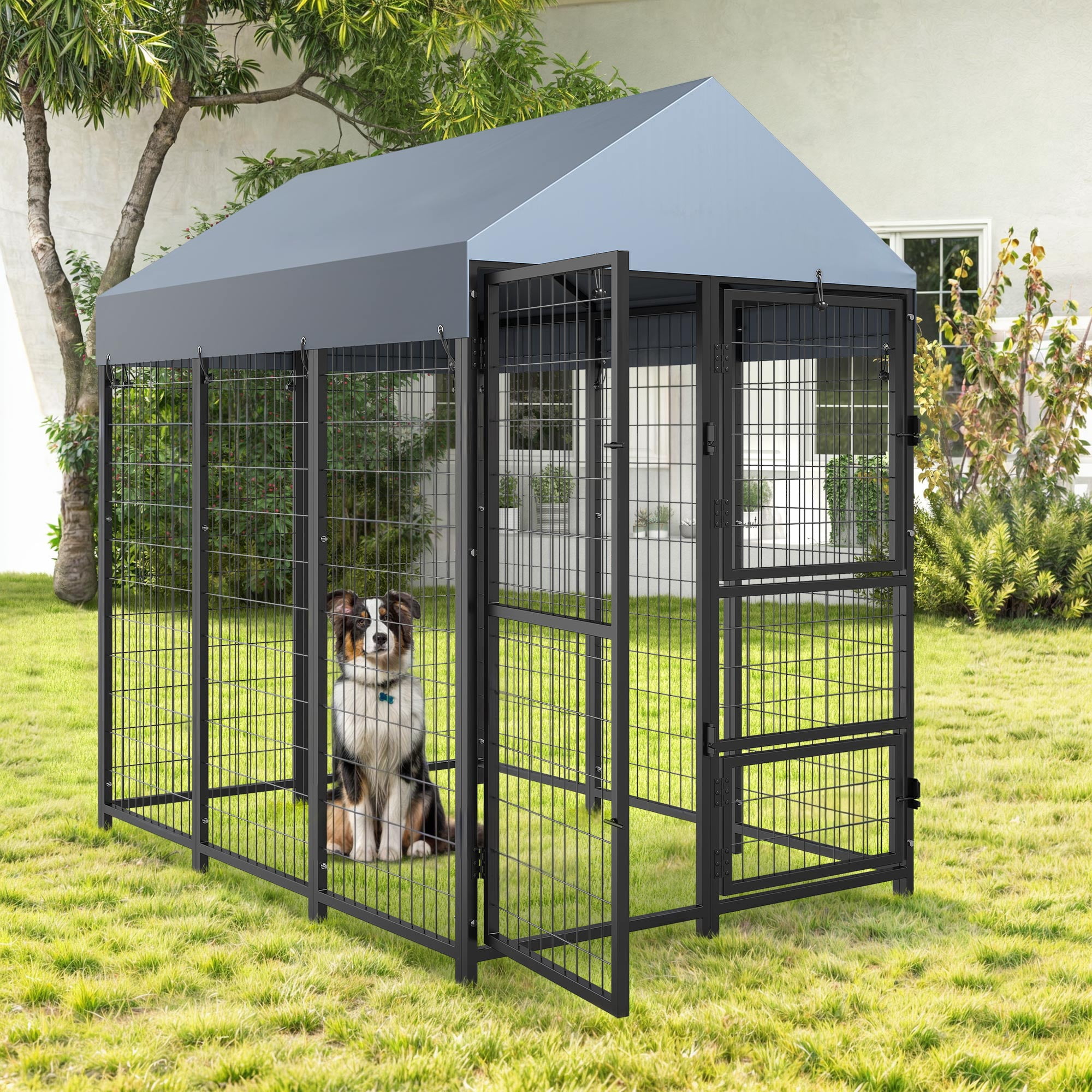 Dextrus 6x4x6ft Large Outdoor Dog Run Kennel, Heavy Duty Dog Pets Cage Galvanized Steel Dog Fence Dog Enclosure Playpen with Waterproof Cover and Secure Lock