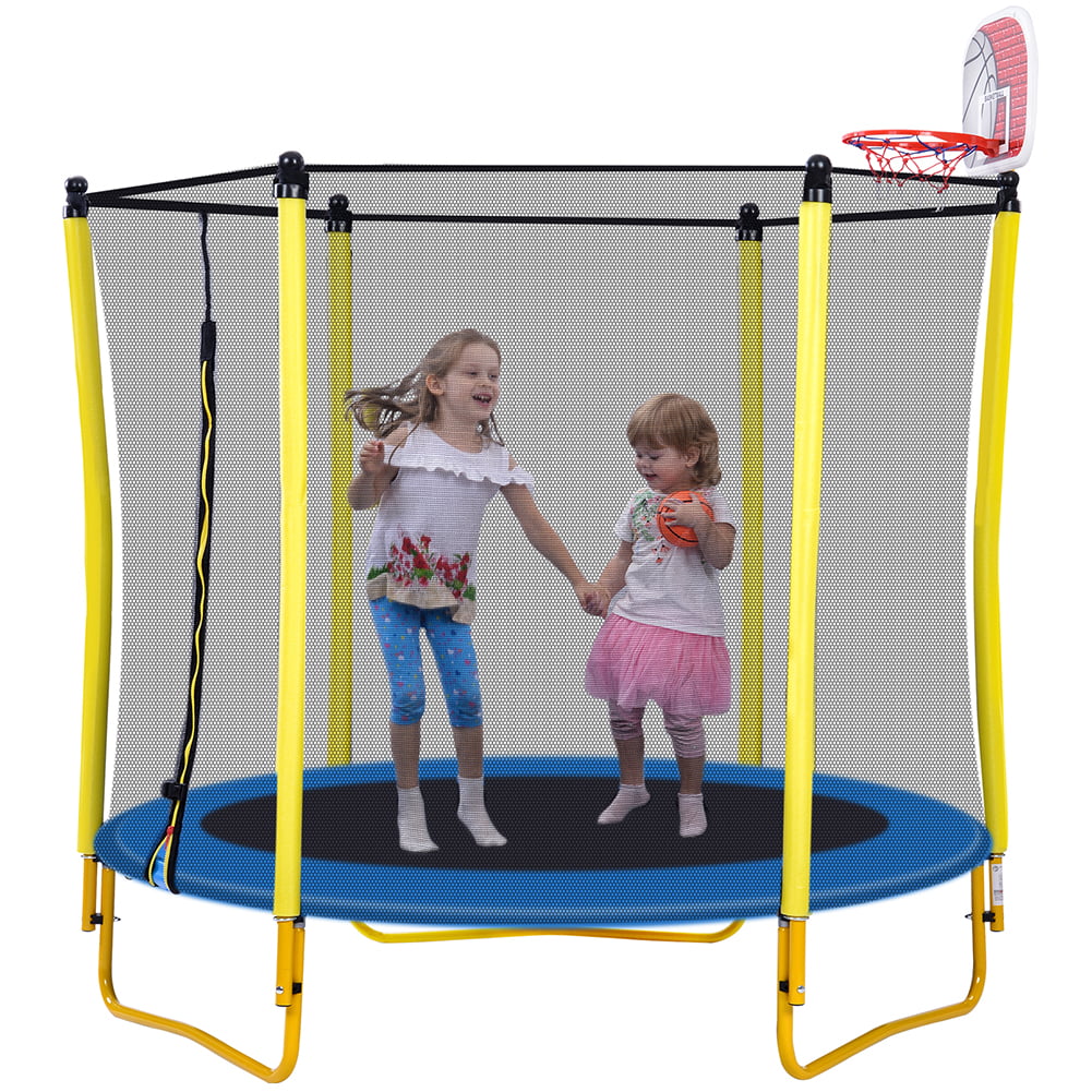 Lowestbest 5.5FT Trampoline for Kids, Outdoor & Indoor Mini Toddler Trampoline with Enclosure, Basketball Hoop and Ball Included