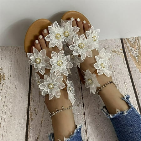 

ZXHACSJ Women s Ladies Fashion Casual Floral Pearl Flat Sandals Toe Ring Beach Shoes White 43