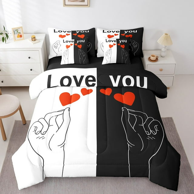 7 Pieces King Size Valentine's Day Comforter Set,King Side Queen Side Bedding Set for Boys Girls,Love Heart Couple Lover Romantic (Comforter+Fitted+Flat Sheet+2 Pillowcases+2 Throw Pillow Covers)