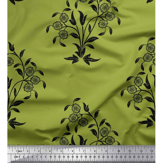 Soimoi Modal Satin Fabric Leaves & Floral Block Print Fabric by Yard 42 Inch Wide