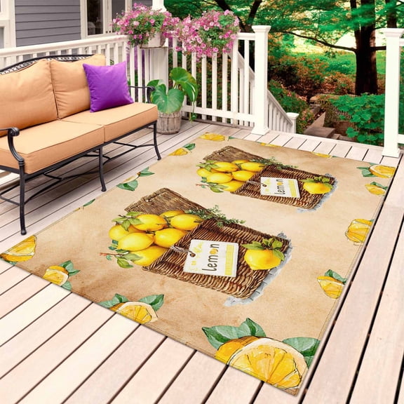 Lemon Basket Summer Outdoor Rug 5x7 Ft, Non Slip Washable Area Rug, Farmhouse Vintage Tan Patio Rugs Carpet Runner, Large Floor Mat for Indoor/Outdoor Deck Porch Camping
