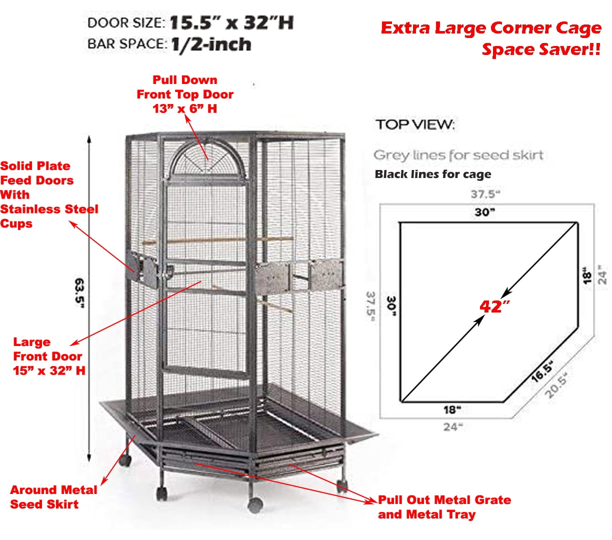64" Extra Large Pentagon Corner Flight Bird Parrot Cage for Cockatiel Parakeet Budgies Aviary Canary Lovebird Finch Parrot with Around Metal Seed Skirts